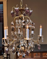 Six-Arm Gilt Brass & Crystal Fruit Motif Chandelier