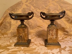 Pair of Grand Tour Bronze Tazzas on Marble Plinths