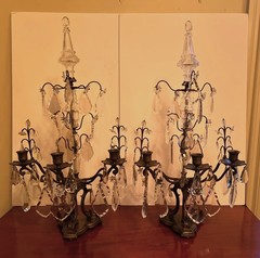 Pair of Louis XV Style Bronze & Crystal Candelabras